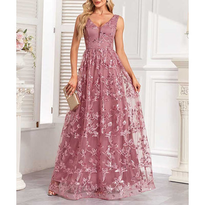 Sleeveless Sequin V-Neck Long Prom Dress Event Dress Wedding Ball Gown Dress