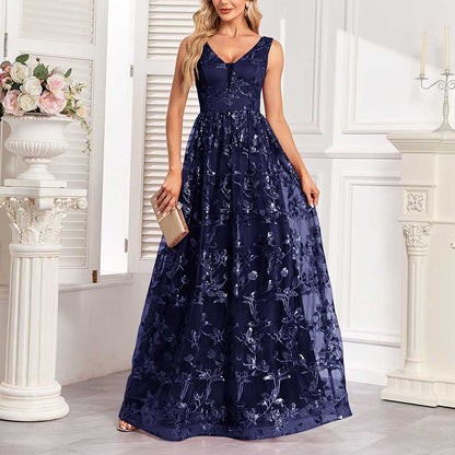 Sleeveless Sequin V-Neck Long Prom Dress Event Dress Wedding Ball Gown Dress