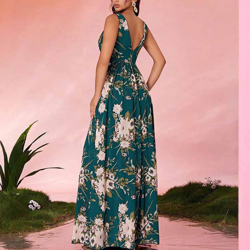 Sleeveless V Neck Green Floral A Line Maxi Dress – Elegant Boho Long Dress