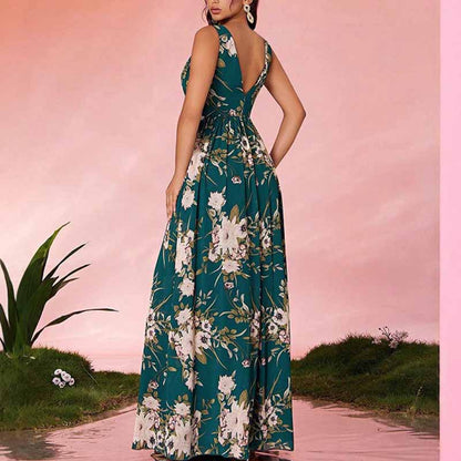 Sleeveless V Neck Green Floral A Line Maxi Dress – Elegant Boho Long Dress