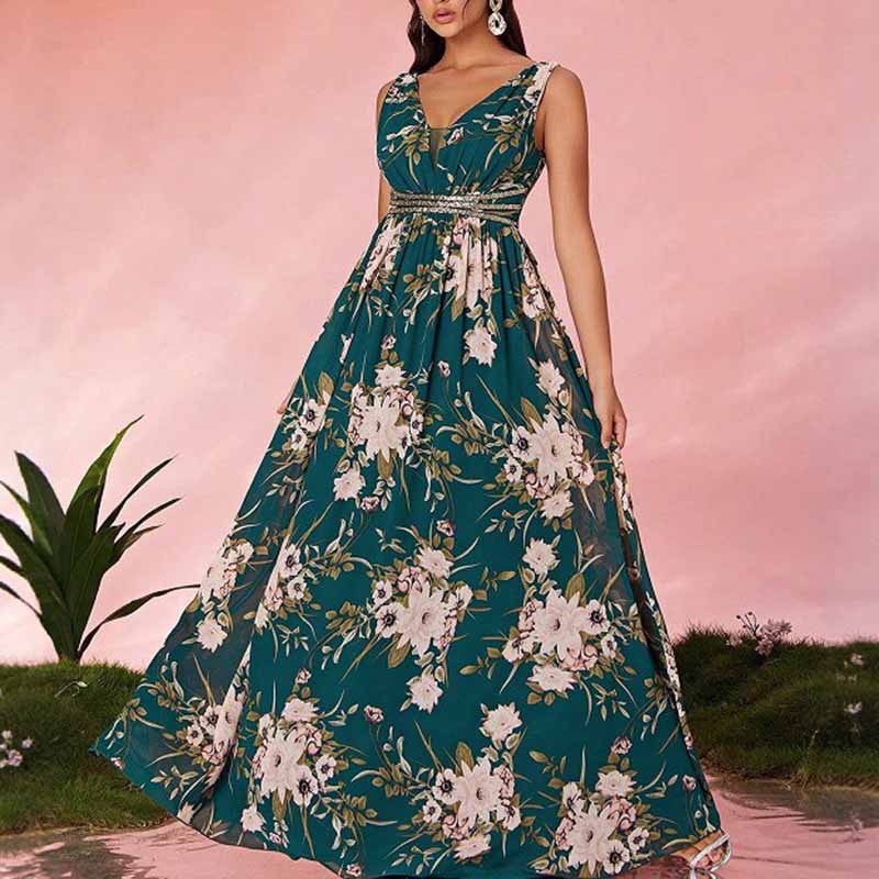Sleeveless V Neck Green Floral A Line Maxi Dress – Elegant Boho Long Dress