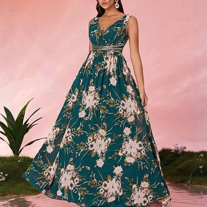 Sleeveless V Neck Green Floral A Line Maxi Dress – Elegant Boho Long Dress