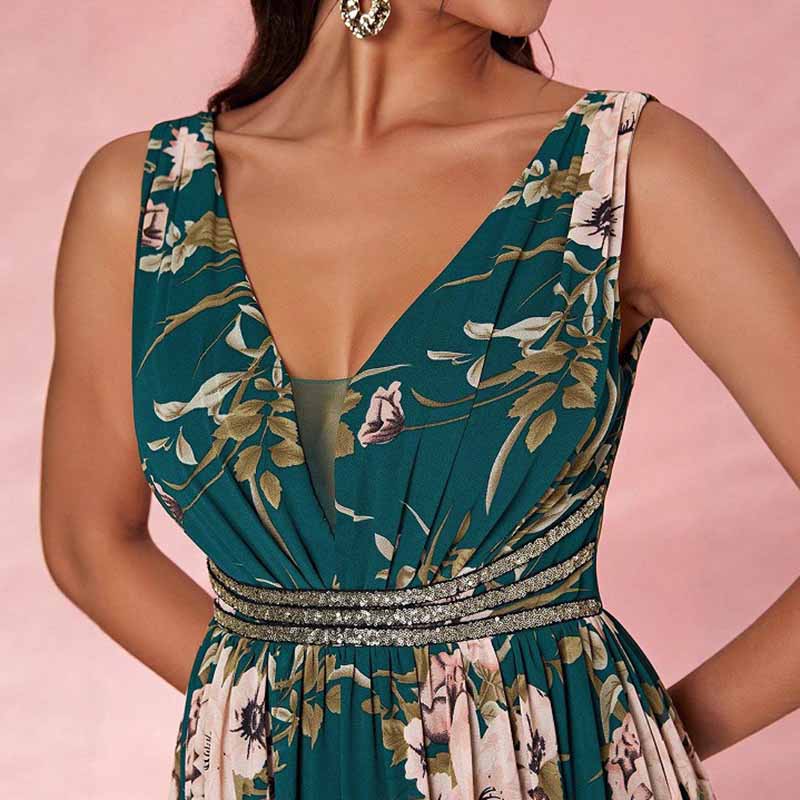 Sleeveless V Neck Green Floral A Line Maxi Dress – Elegant Boho Long Dress