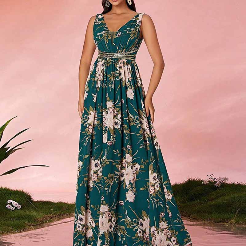 Sleeveless V Neck Green Floral A Line Maxi Dress – Elegant Boho Long Dress