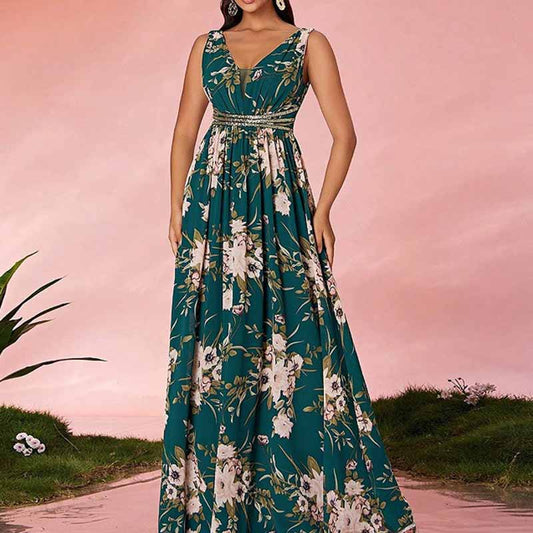 Sleeveless V Neck Green Floral A Line Maxi Dress – Elegant Boho Long Dress