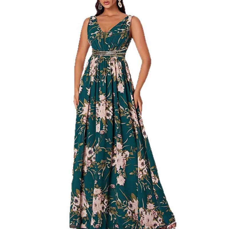 Sleeveless V Neck Green Floral A Line Maxi Dress – Elegant Boho Long Dress