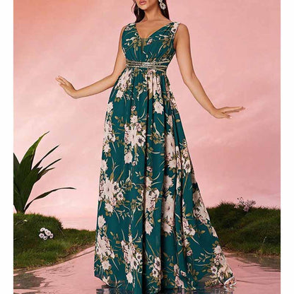 Sleeveless V Neck Green Floral A Line Maxi Dress – Elegant Boho Long Dress
