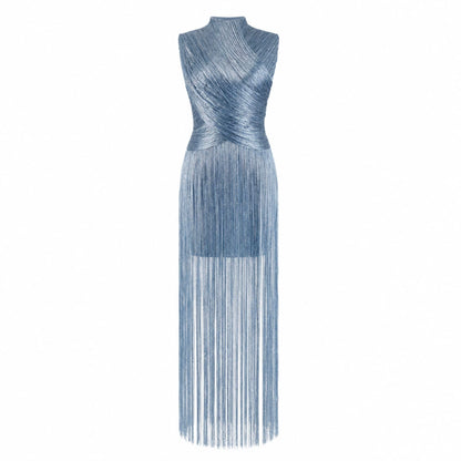 Sleeveless Metallic Fringe Bandage Dress Women’s Bodycon Evening Gown