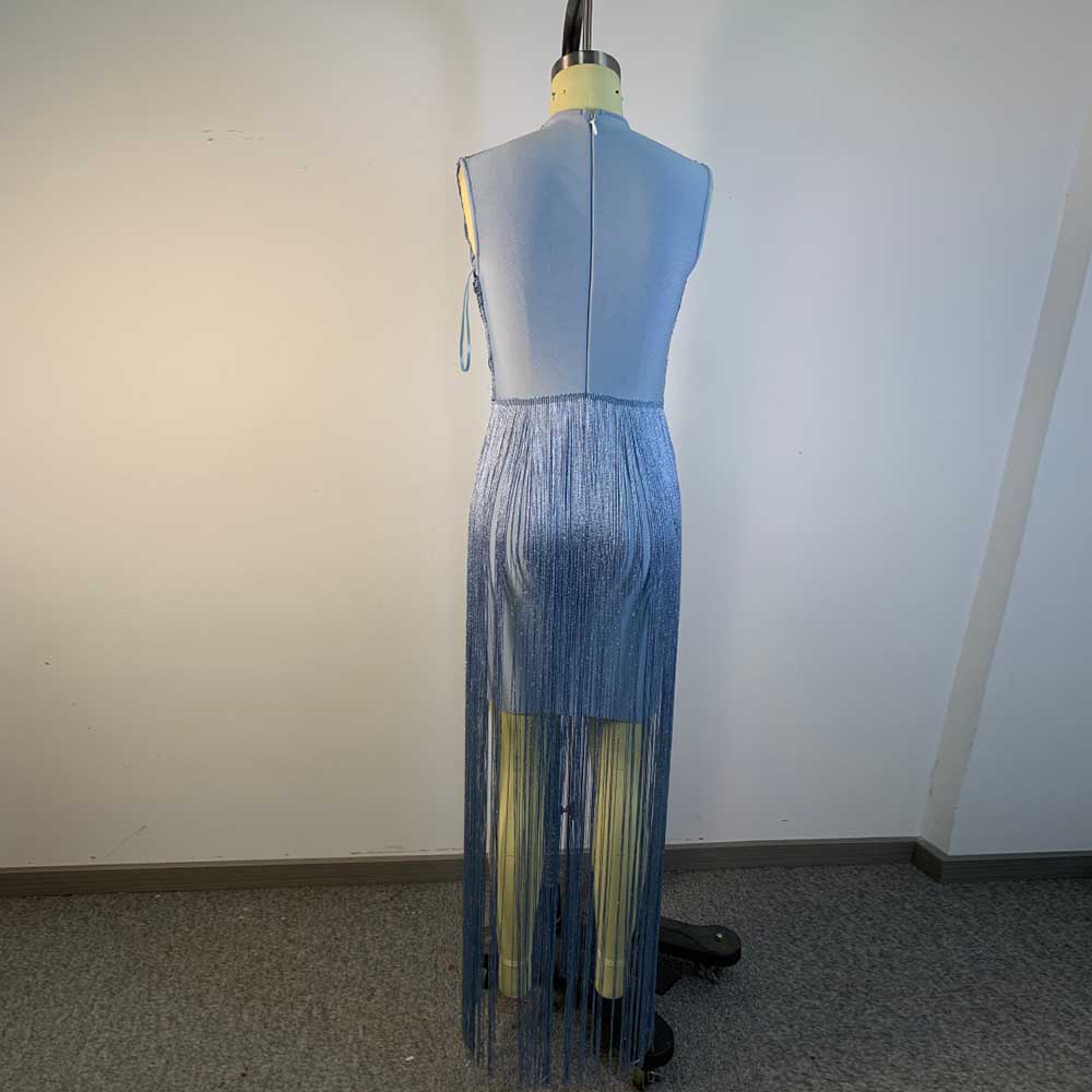 Sleeveless Metallic Fringe Bandage Dress Women’s Bodycon Evening Gown