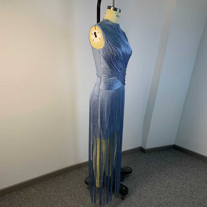 Sleeveless Metallic Fringe Bandage Dress Women’s Bodycon Evening Gown