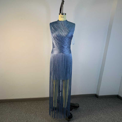 Sleeveless Metallic Fringe Bandage Dress Women’s Bodycon Evening Gown