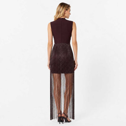 Sleeveless Metallic Fringe Bandage Dress Women’s Bodycon Evening Gown