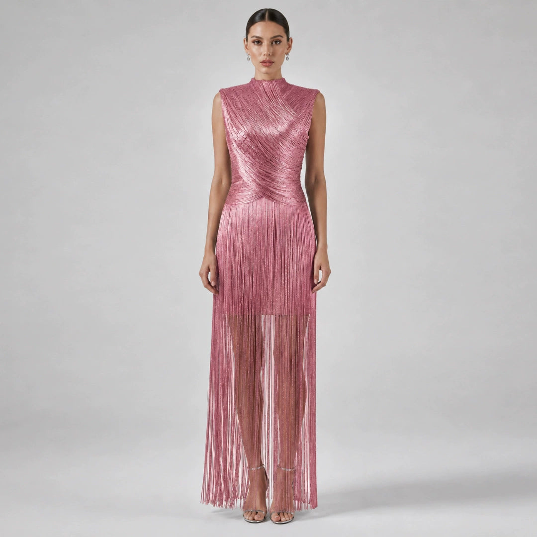 Sleeveless Metallic Fringe Bandage Dress Women’s Bodycon Evening Gown
