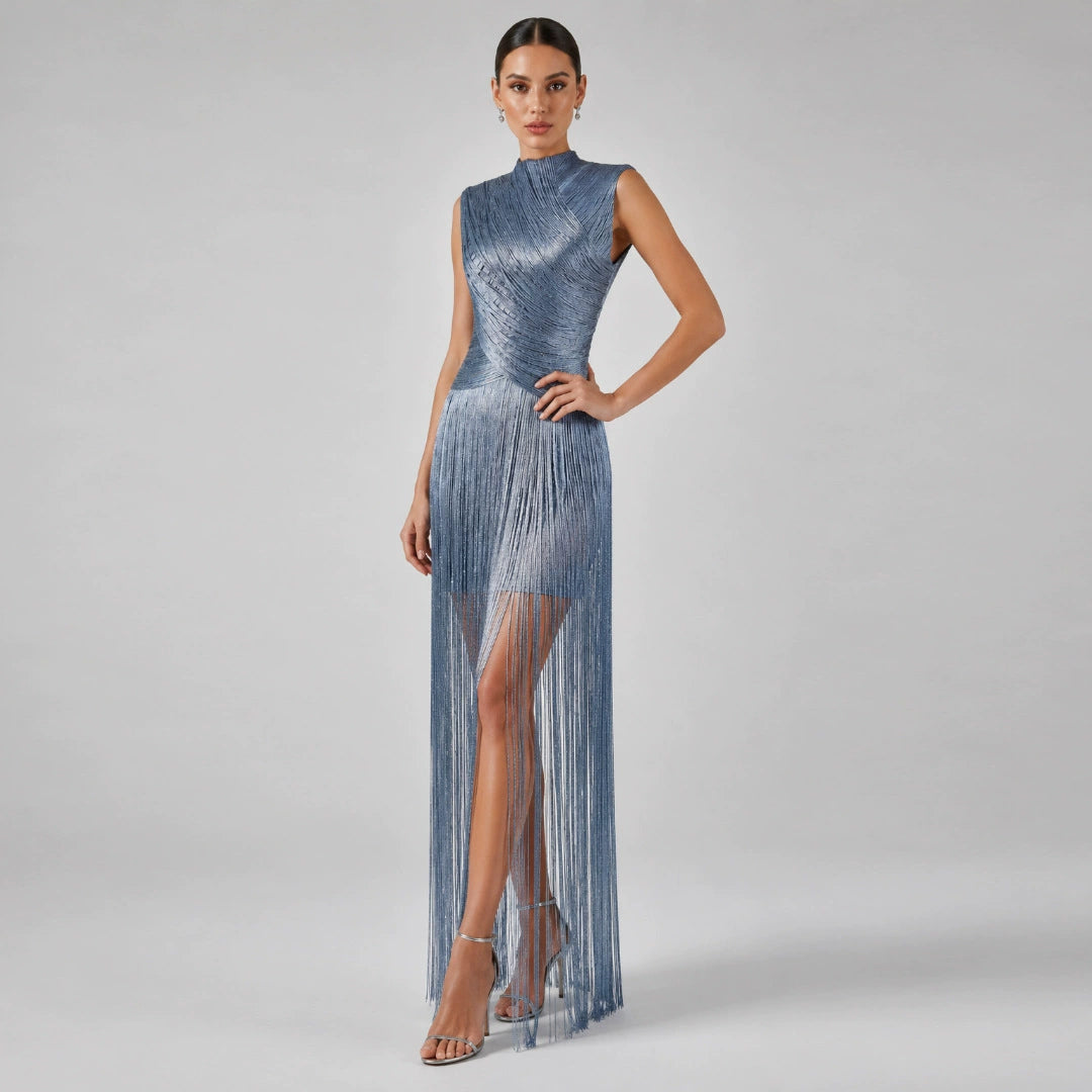 Sleeveless Metallic Fringe Bandage Dress Women’s Bodycon Evening Gown