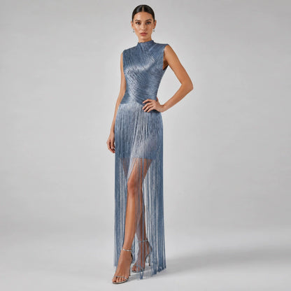 Sleeveless Metallic Fringe Bandage Dress Women’s Bodycon Evening Gown