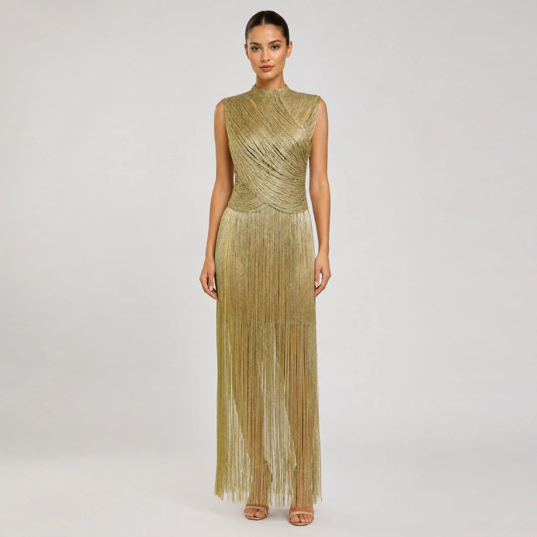 Sleeveless Metallic Fringe Bandage Dress Women’s Bodycon Evening Gown