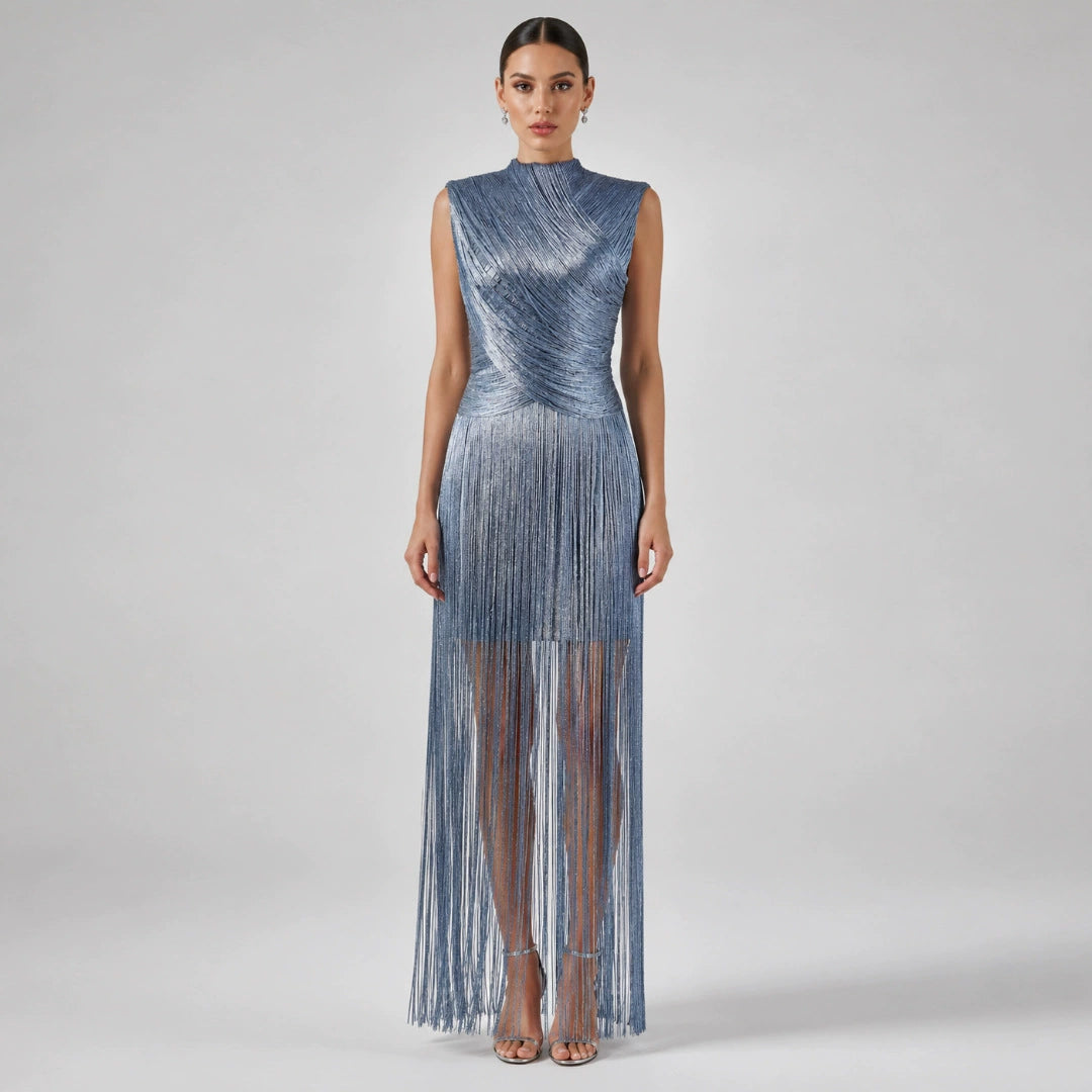 Sleeveless Metallic Fringe Bandage Dress Women’s Bodycon Evening Gown