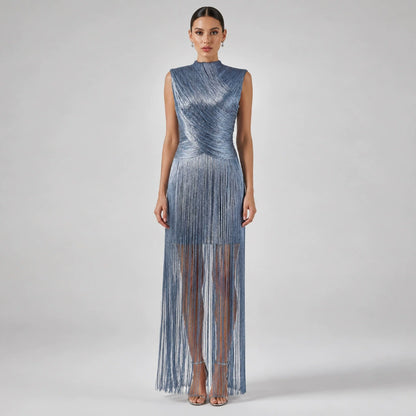 Sleeveless Metallic Fringe Bandage Dress Women’s Bodycon Evening Gown