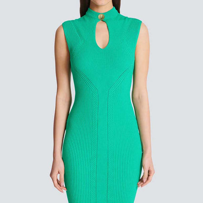 Sleveless Hollowed-Standard Collar Knit Midi Dresses