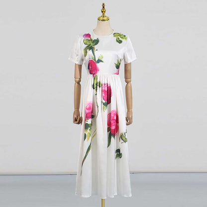 White Pleated Rose-Print Cap Sleeve Midi Dress