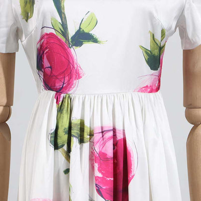 White Pleated Rose-Print Cap Sleeve Midi Dress