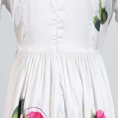White Pleated Rose-Print Cap Sleeve Midi Dress