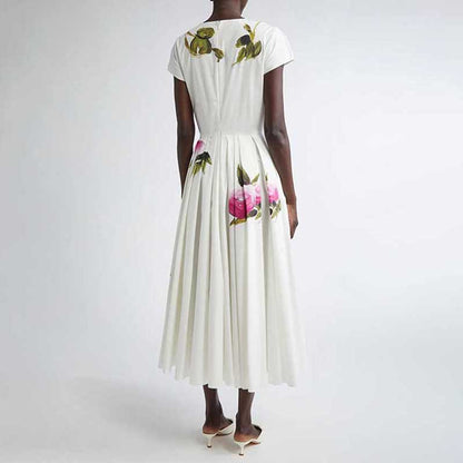 White Pleated Rose-Print Cap Sleeve Midi Dress