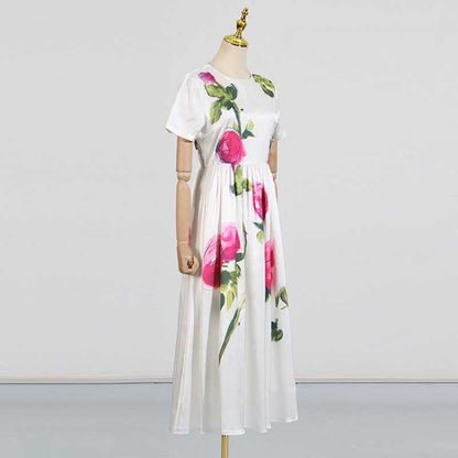 White Pleated Rose-Print Cap Sleeve Midi Dress