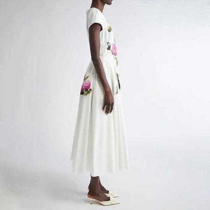 White Pleated Rose-Print Cap Sleeve Midi Dress