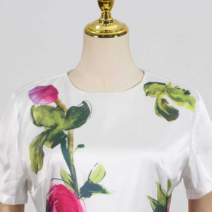 White Pleated Rose-Print Cap Sleeve Midi Dress