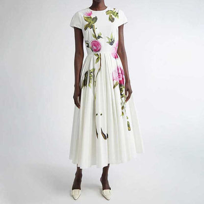 White Pleated Rose-Print Cap Sleeve Midi Dress