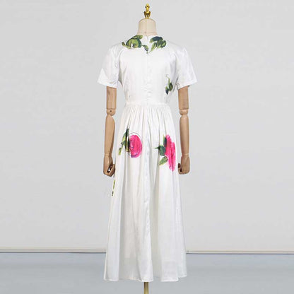 White Pleated Rose-Print Cap Sleeve Midi Dress