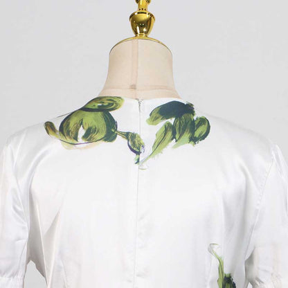 White Pleated Rose-Print Cap Sleeve Midi Dress