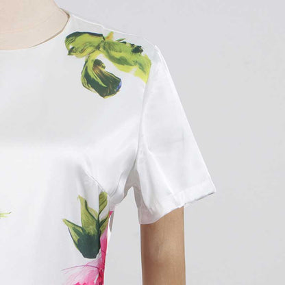 White Pleated Rose-Print Cap Sleeve Midi Dress