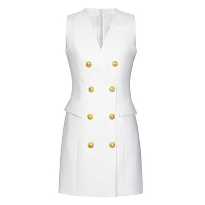 Sleeveless V-Neck Double-Breasted Short A-Line Dresses