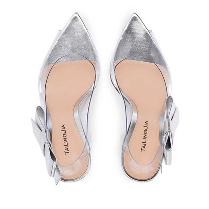 Women's Bow Detail Clear Heeled Shoes Slingback Stiletto Heels Slip-On Pump Sandals