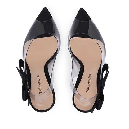 Women's Bow Detail Clear Heeled Shoes Slingback Stiletto Heels Slip-On Pump Sandals