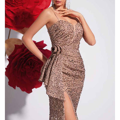 Champagne Spaghetti Strap Sequin Mermaid Prom Dress
