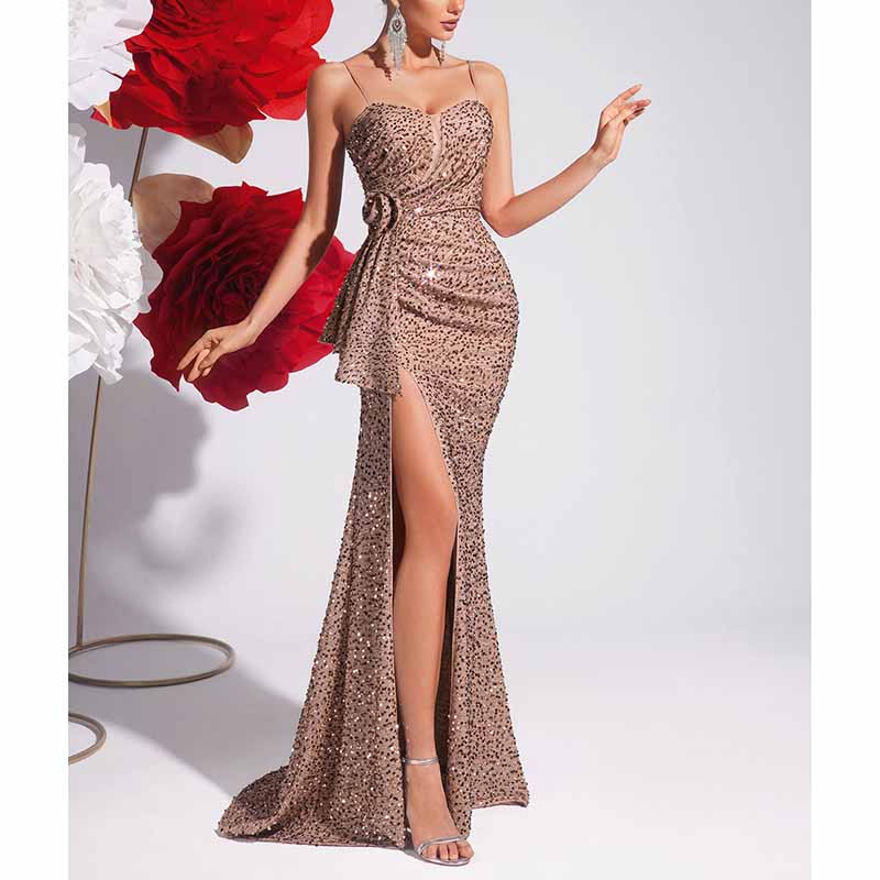 Champagne Spaghetti Strap Sequin Mermaid Prom Dress