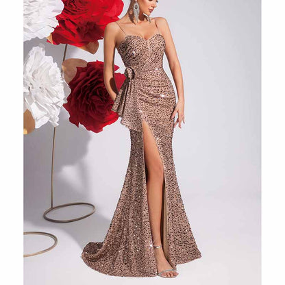 Champagne Spaghetti Strap Sequin Mermaid Prom Dress