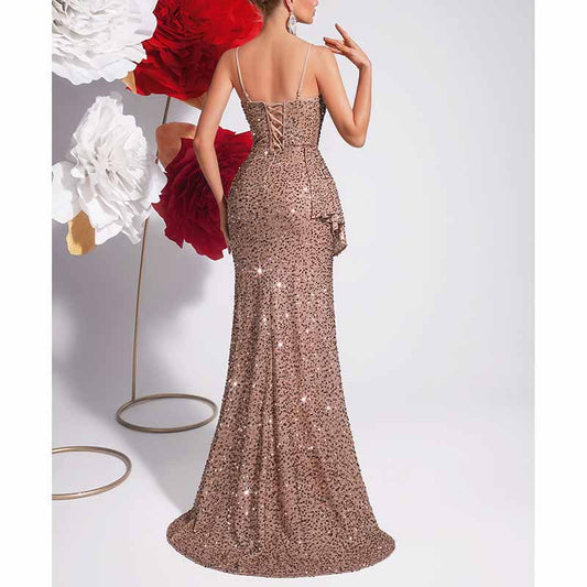 Champagne Spaghetti Strap Sequin Mermaid Prom Dress
