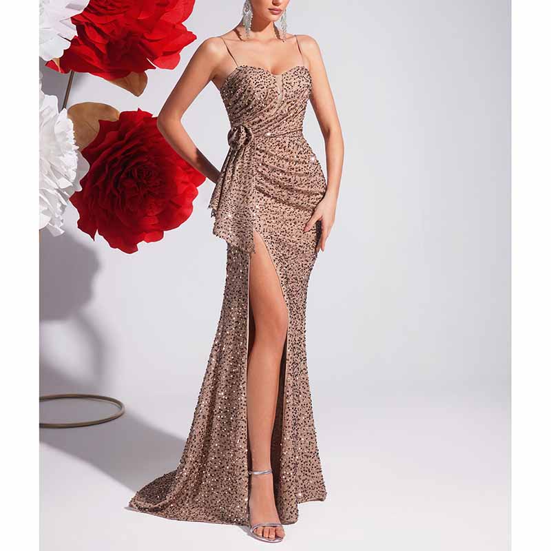 Champagne Spaghetti Strap Sequin Mermaid Prom Dress