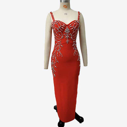 Luxury Beaded Bodycon Gown | Spaghetti Strap Formal Midi Dress