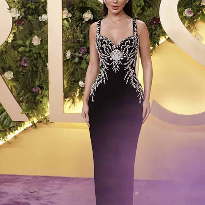 Luxury Beaded Bodycon Gown | Spaghetti Strap Formal Midi Dress