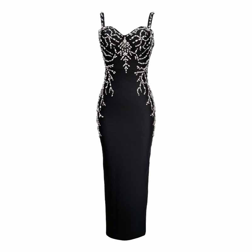 Luxury Beaded Bodycon Gown | Spaghetti Strap Formal Midi Dress