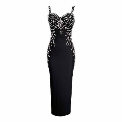 Luxury Beaded Bodycon Gown | Spaghetti Strap Formal Midi Dress