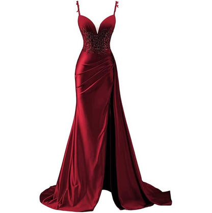 Spaghetti Strap Satin Prom Dresses Lace Appliques Pleated Mermaid Long Wedding Gown