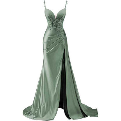 Spaghetti Strap Satin Prom Dresses Lace Appliques Pleated Mermaid Long Wedding Gown