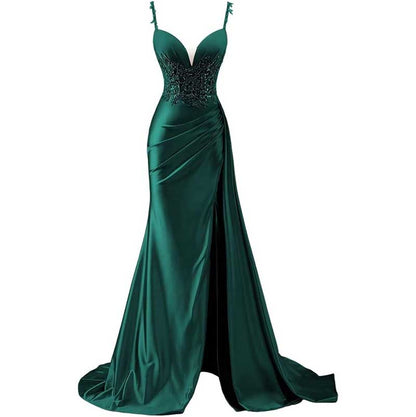 Spaghetti Strap Satin Prom Dresses Lace Appliques Pleated Mermaid Long Wedding Gown