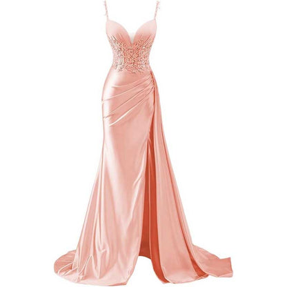 Spaghetti Strap Satin Prom Dresses Lace Appliques Pleated Mermaid Long Wedding Gown